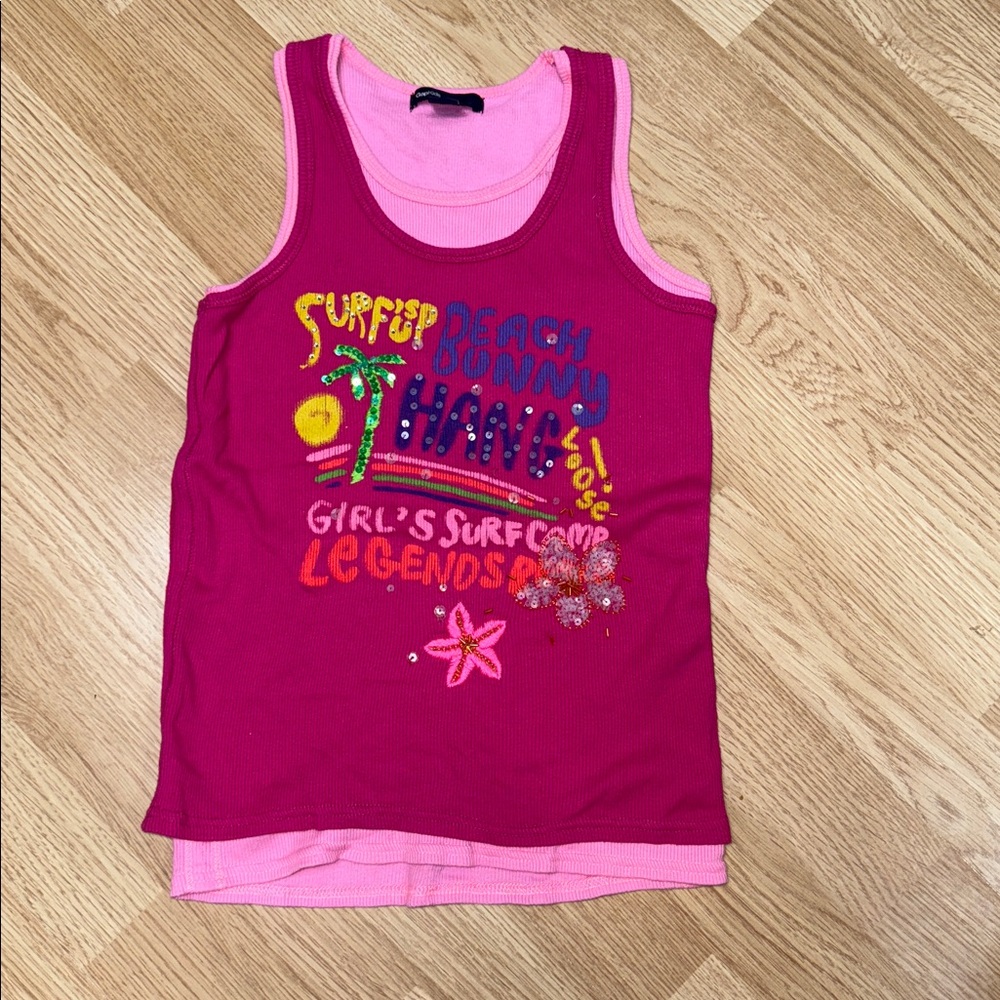 GAP Kids Girls Large 10 Pink Graphic Ribbed Tank Top Surf Summer Cotton